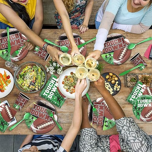 Miniatura 5 de Juego de vajilla para fiestas de fútbol  Las decoraciones de fiesta de fútbol del Super Bowl incluyen platos llanos, vasos, servilletas, cubiertos,