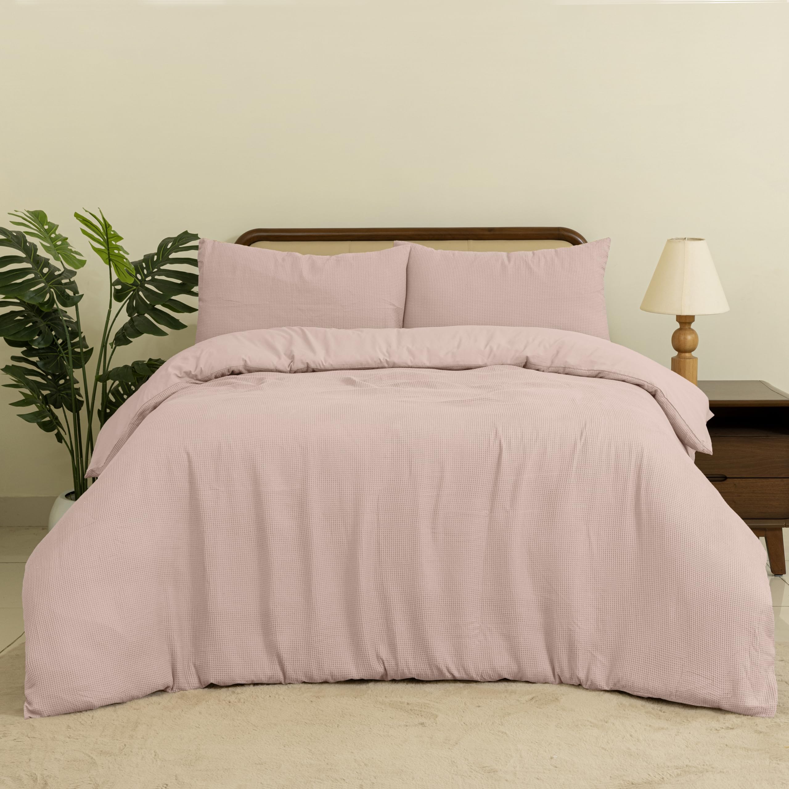 MHG Living Waffle Duvet Cover Set – Cotton Blend, Super Soft & Breathable, Hypoallergenic, Machine Washable Waffle Weave Bedding (Pink, Super King)