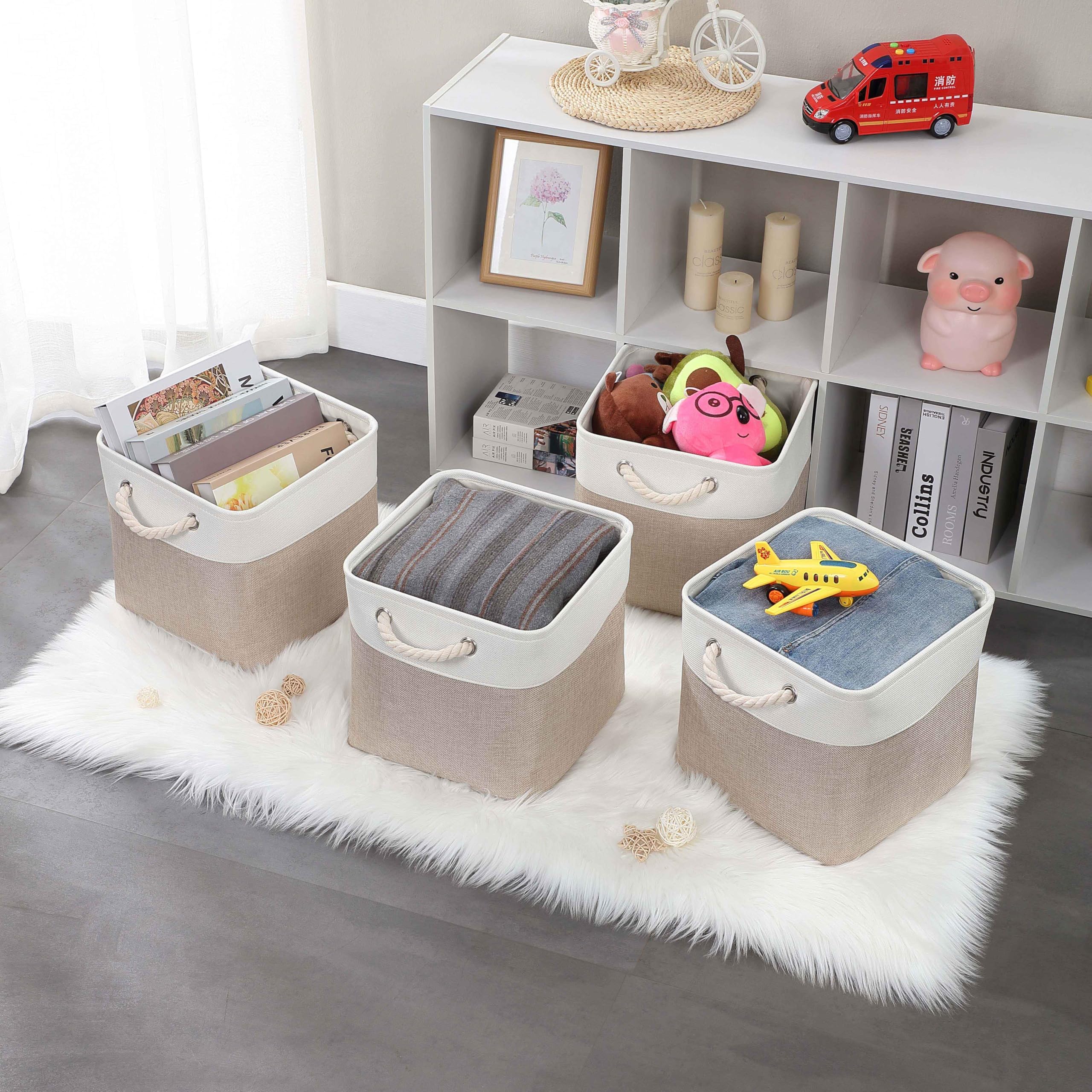 Mangata Boîtes de rangement Cube 25x25x25cm, Kaki Clair Blanc, 4Pcs | Panier de rangement repliable pour armoires et étagères | Organisateur textile