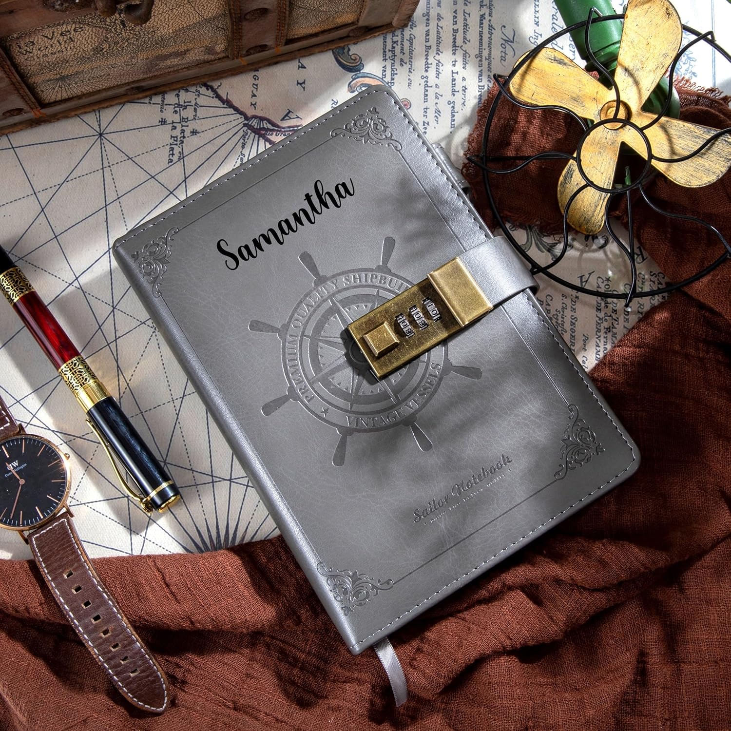 Personalized Lockable Diary for Women – Vintage Refillable Journal with Lock, Embossed Cover, 240 Pages, 5.5 x 7.9 Inch (Grey with Name)