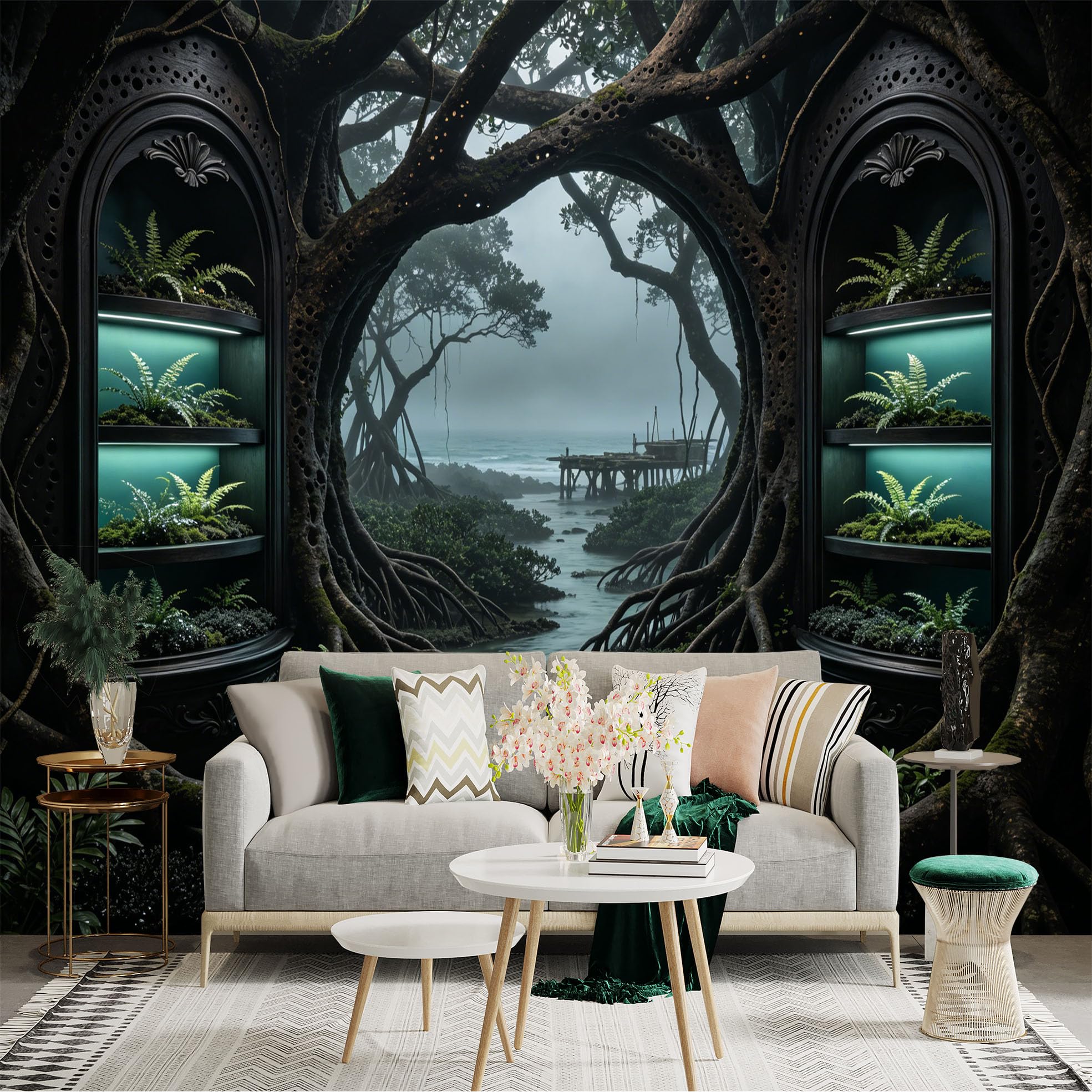 Custom Size Wall Sticker Mural， Mystical Forest Gateway with River and Ferns， Wooden Pier and Foggy Landscape， for wall Decoration， peelandstick wall Decals.
