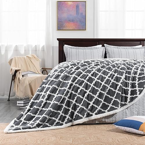 Basic Beyond Manta tamaño King Manta de forro polar suave y acogedora con respaldo de sherpa manta de sherpa gris tamaño King con diseño jacquard