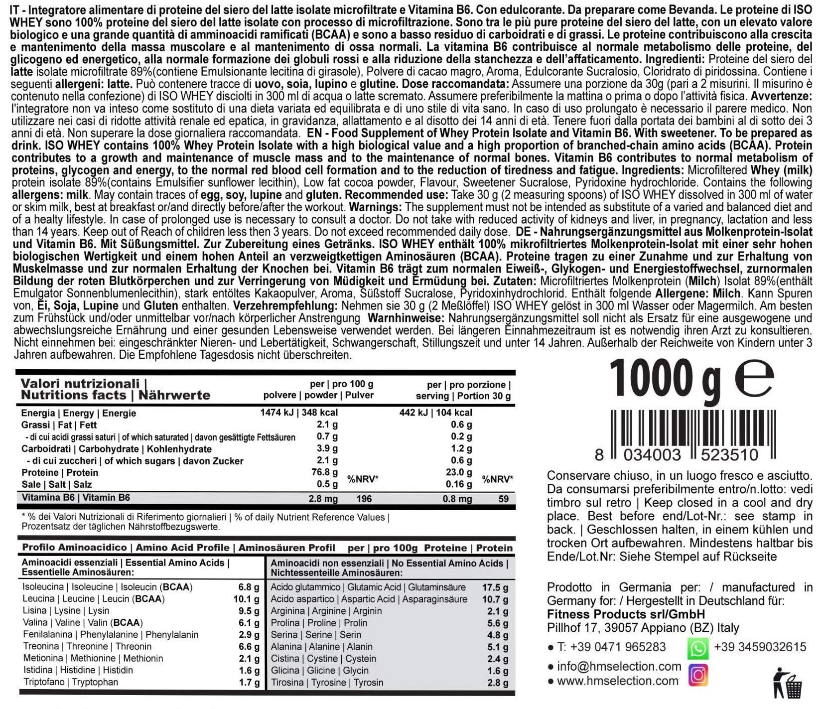ISOLATE WHEY,1000g, Cioccolato - preparato di 100% di proteine isolate del siero del latte, senza lattosio, alto contenuto proteico, ottima solubilità, elevato contenuto BCAA
