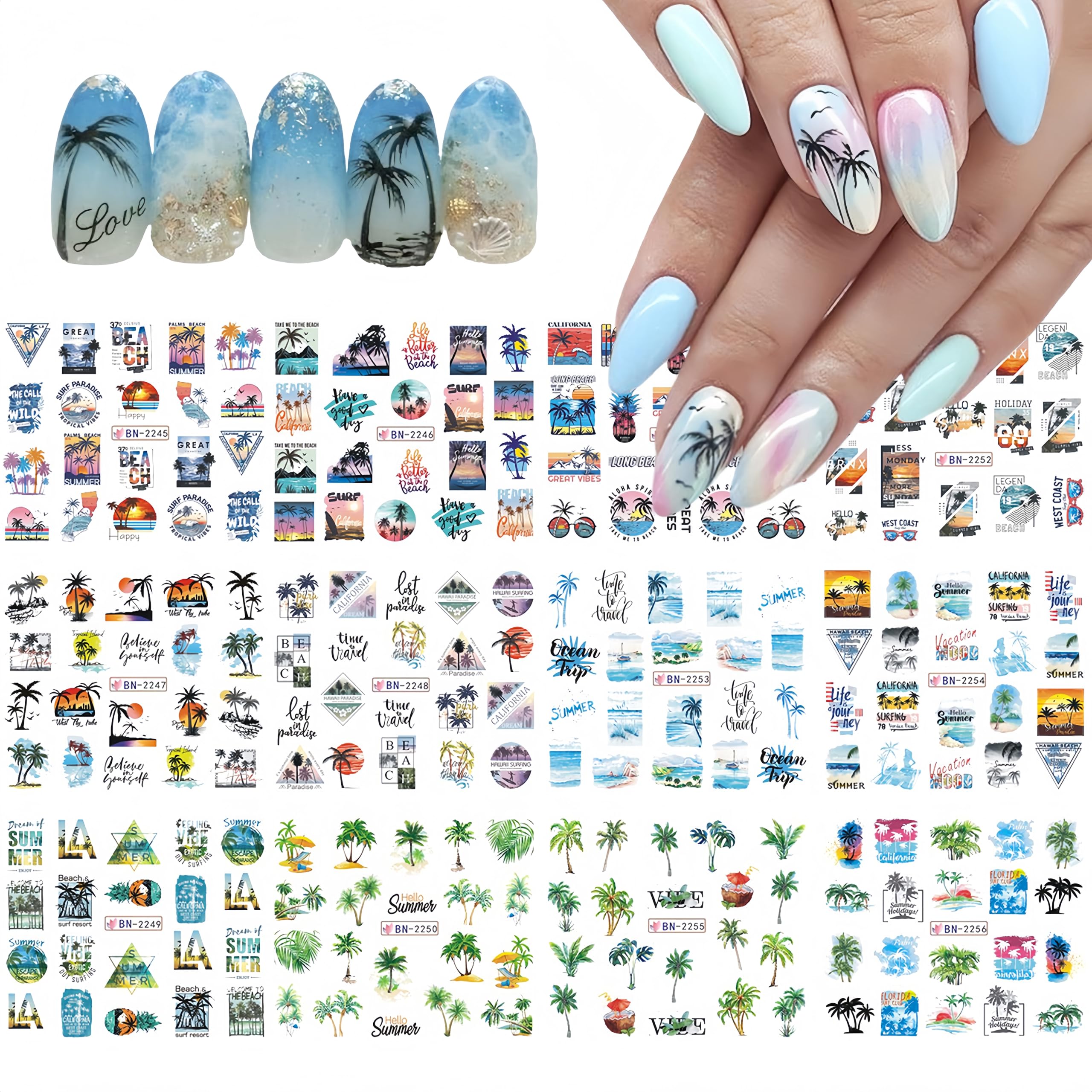 12Sheets Summer Palm Tree Water Transfer Nail Art Stickers Ocean Beach Palm Tree Water Transfer Nail Stickers Sea Nail Art Design Blue Green Decals