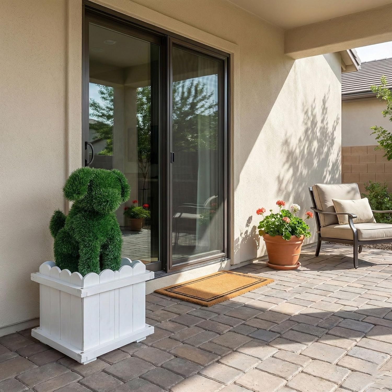 Decorative White Planter Box with Artificial Dog Topiary Accent, Outdoor Garden Planter for Front Door, Porch, Patio, Lawn & Entryway, Wooden Planter Container for Plants & Yard Décor (1-Pack )