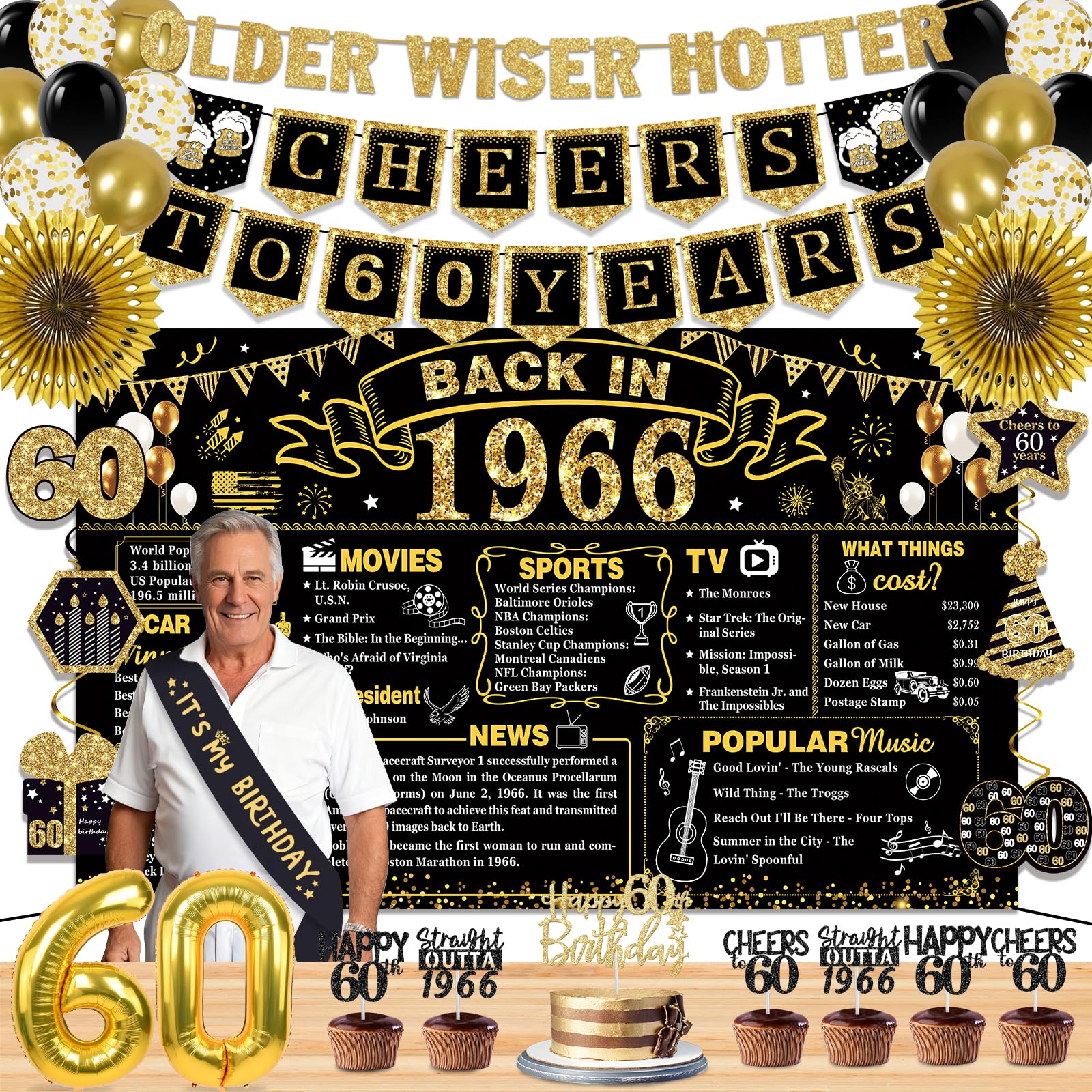 60th Birthday Decorations for Men Women, 36 Pcs Back in 1966 Birthday Party Decorations, Black Gold Happy 60th Banner,Vintage 60th Birthday Table Decorations ,Cake Topper, Sash Party Supplies