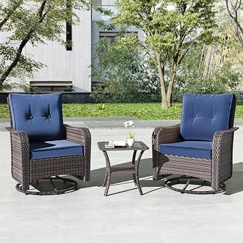 Kullavik Outdoor Swivel Chairs Set of 2,Patio Wicker Rocker Chairs with 4" Thick Cushions and Side Table,Patio Conversation Furniture Set for Patio Porch Deck Backyard,NavyBlue