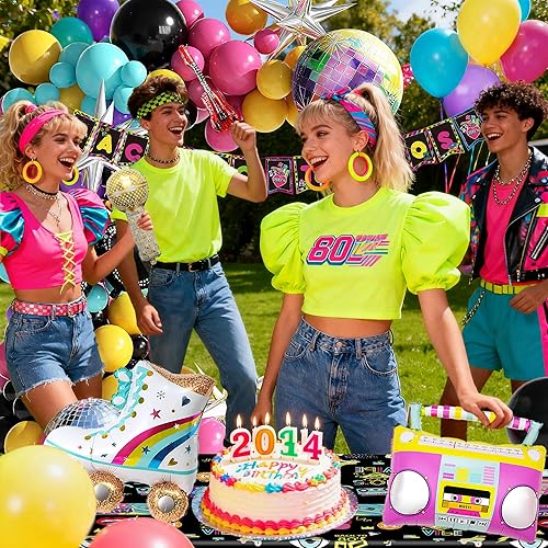 Miniatura 4 de Decoraciones para fiestas temáticas de los años 80 con mantel de fondo de los años 80, pancarta, caja inflable, teléfono móvil y guitarra, globos de