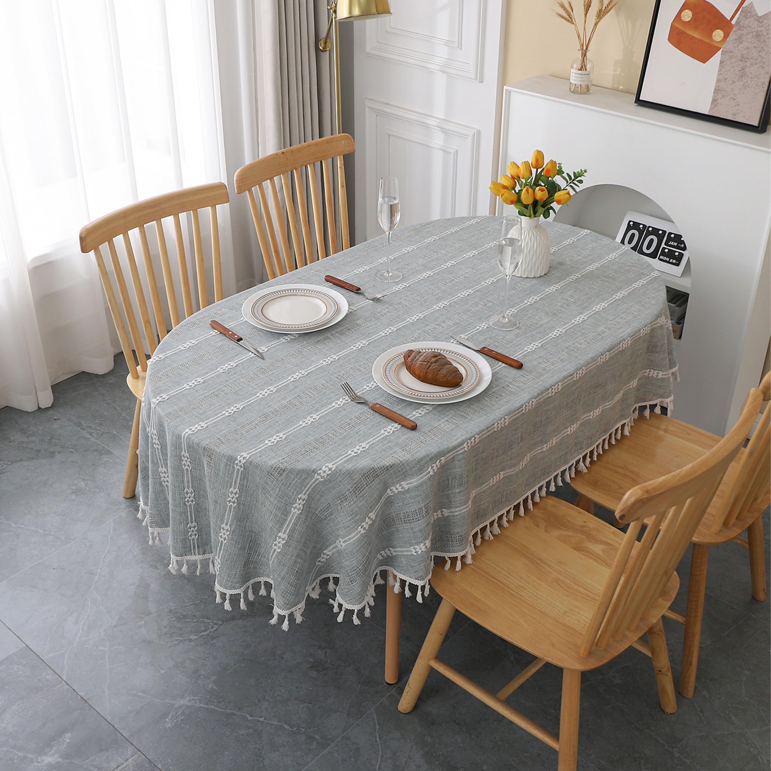Gernaice Rustic Stripe Embroidered Oval Tablecloth Heavy Tassel Cotton Linen Table Cloth Wrinkle Free Washable Table Cover for Kitchen Dinning Party