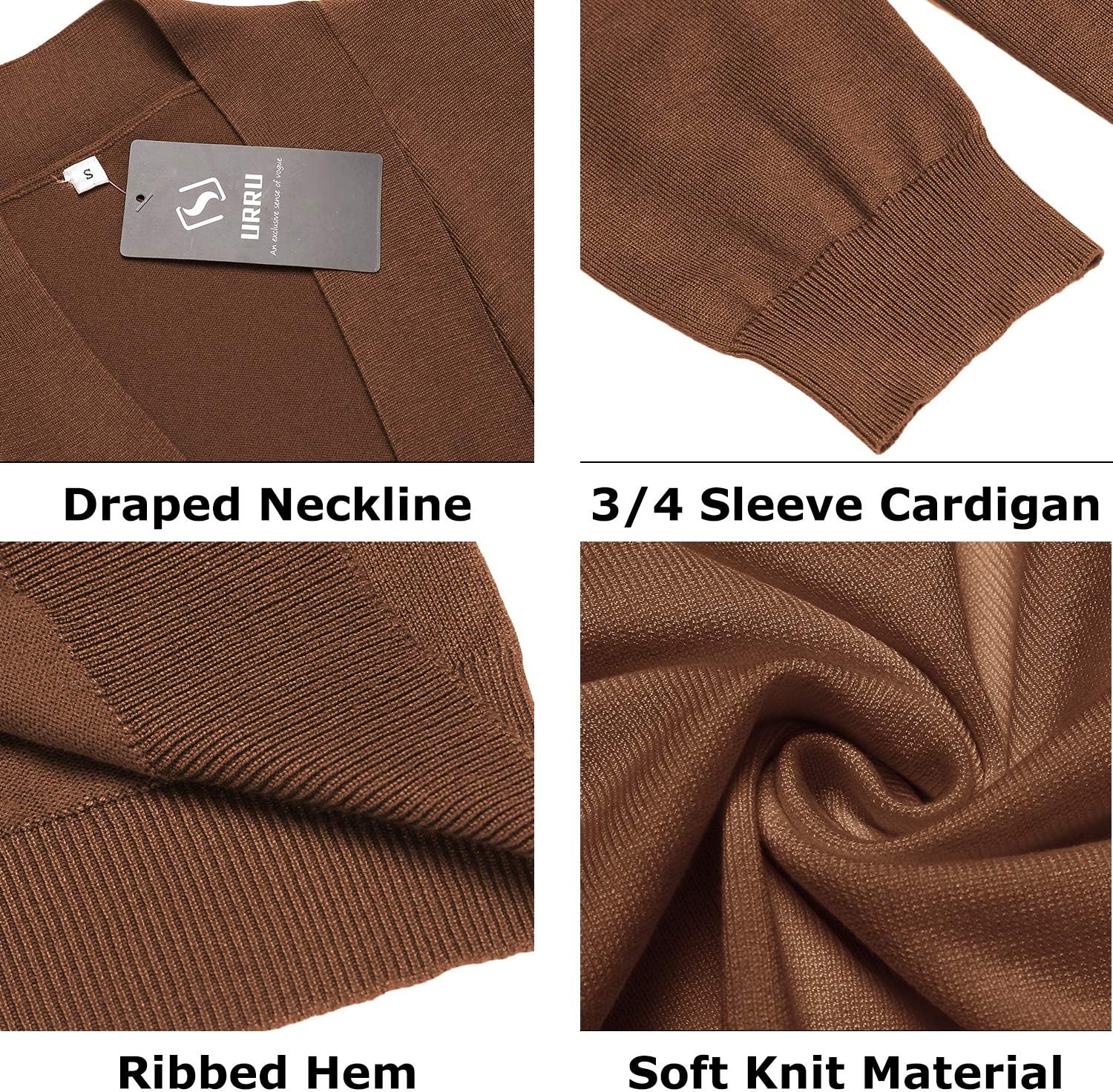 URRU Women's Classic 3/4 Sleeve Open Front Cropped Cardigan Sweater Lightweight Knit Short Shrugs - Image 3