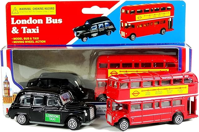 Diecast Genuine London Bus and London Taxi Set (Mini) Souvenir - Moving Wheel Action - Sightseeing - Hop On Hop Off - Toy - 5 Passenger Cab - Hackney Cab - London Souvenir
