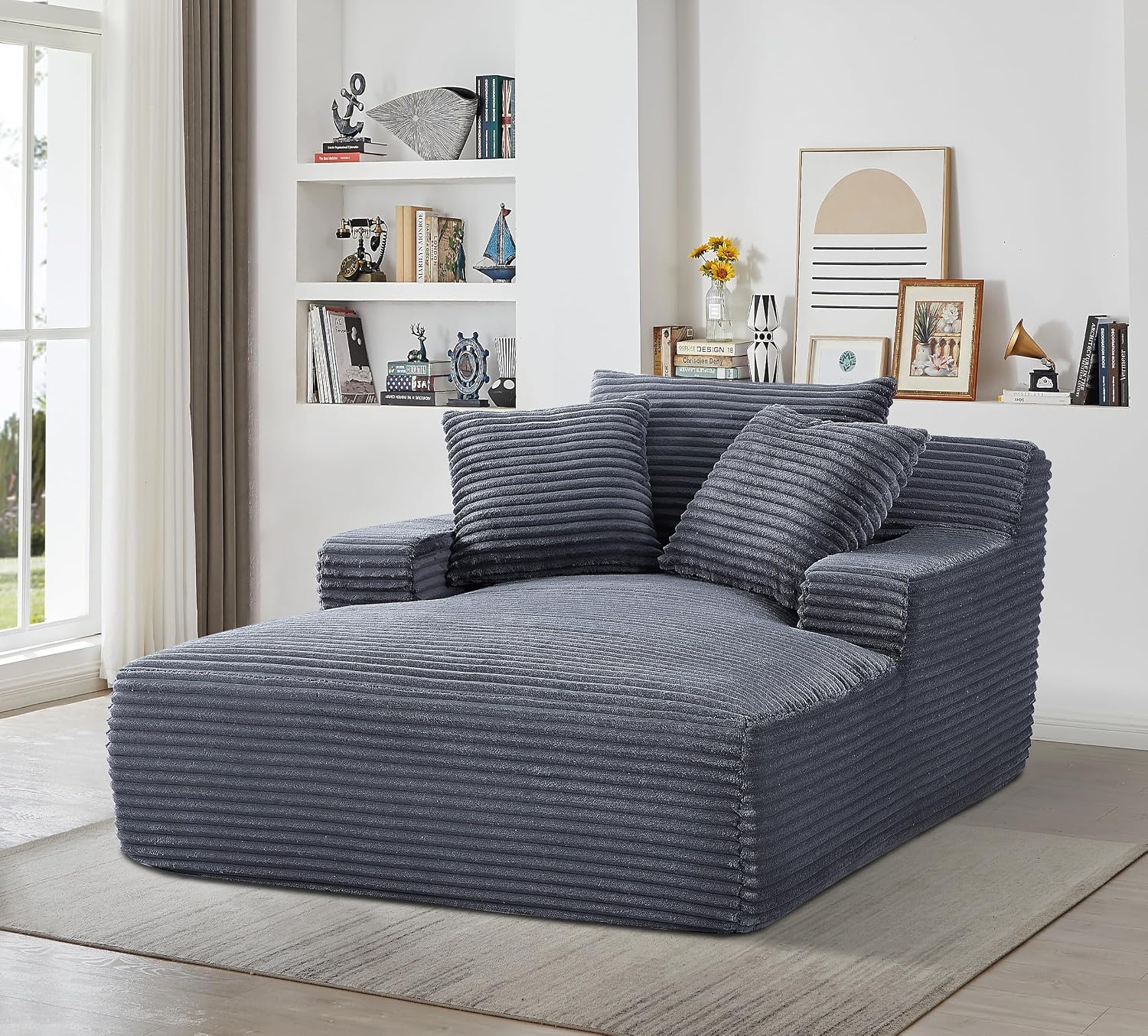 66" Corduroy Oversized Chaise Lounge,Comfortable Loveseat Sofa with 3 Toss Pillows,Modern Sleeper Sofabed,Upholstered Couch for Small Apartment,Living Room,Bedroom,Grey