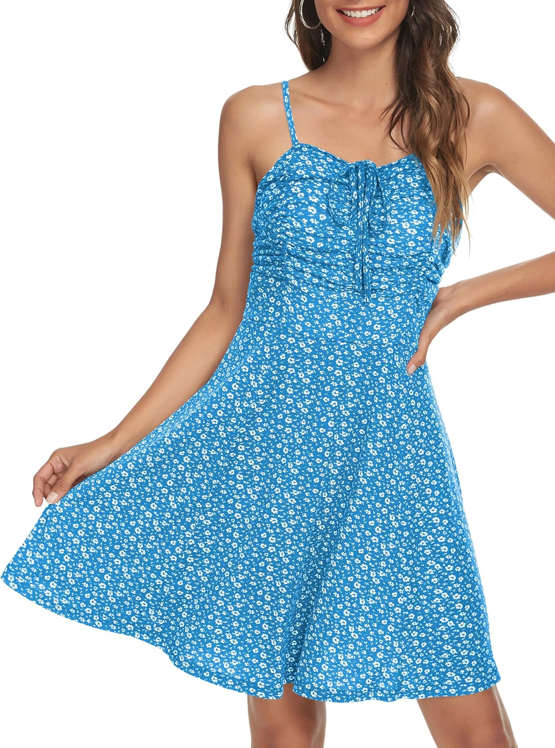 Missufe Spaghetti Strap Floral Mini Dress Women's Casual Ruched Front Drawstring Swing Sundress - Image 4