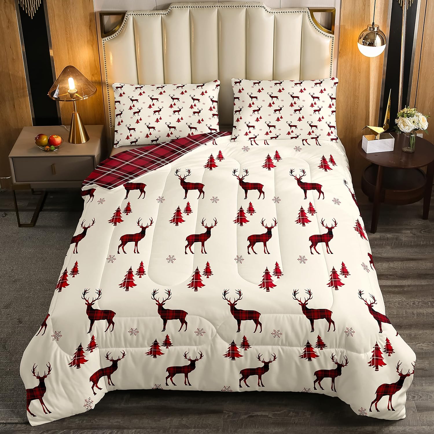 Christmas Comforter Set Queen,Plaid Christmas Reindeer