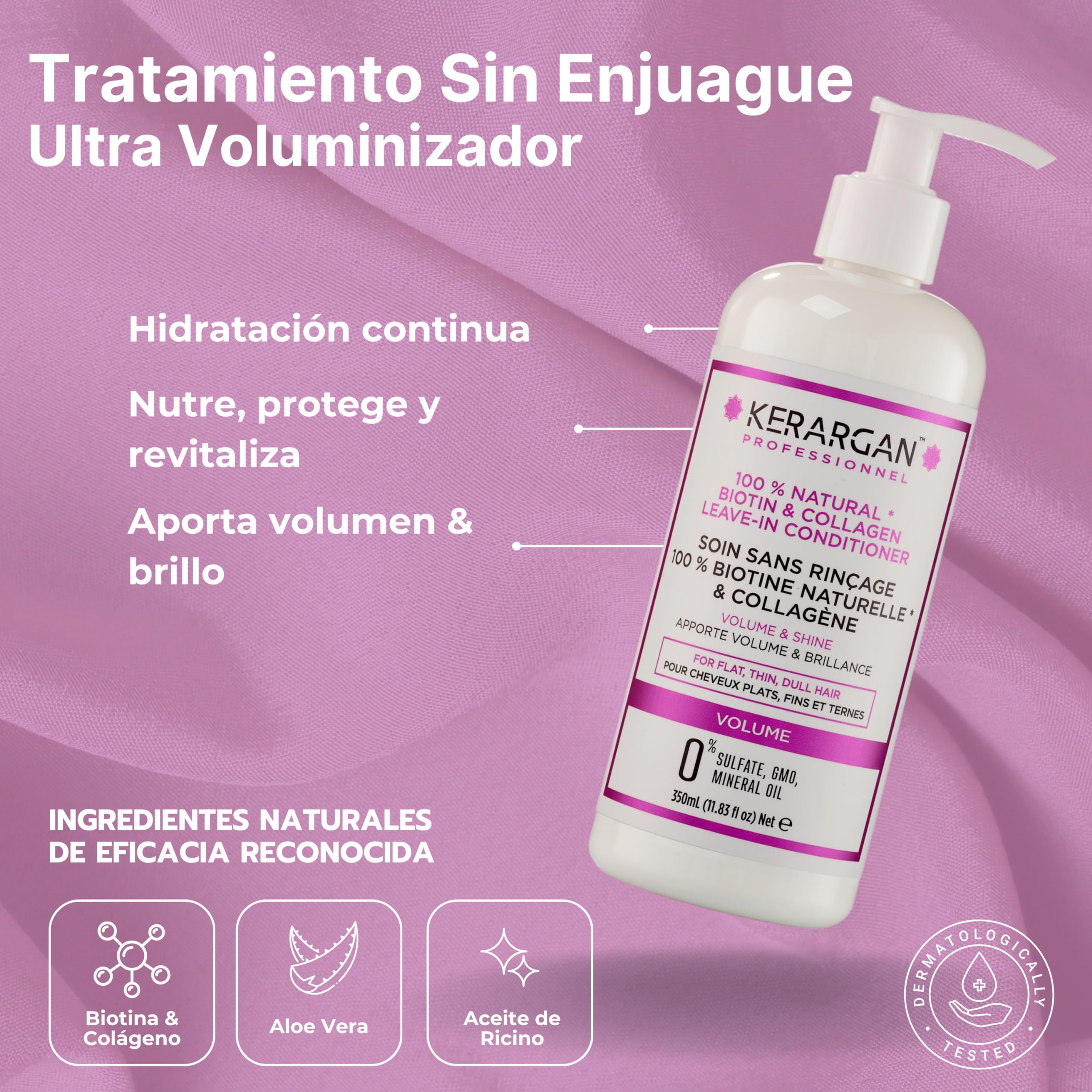 Kerargan - Conjunto Voluminizador Champú, Acondicionador, Mascarilla, Sérum & Leave-In con Biotina & Colágeno - para Cabello Fino y Sin Vida - Sin Sulfatos, OMG, Silicona - 3x500ml+1x100ml+1x350ml | Champú, acondicionador, mascarilla, sérum y cuidado sin