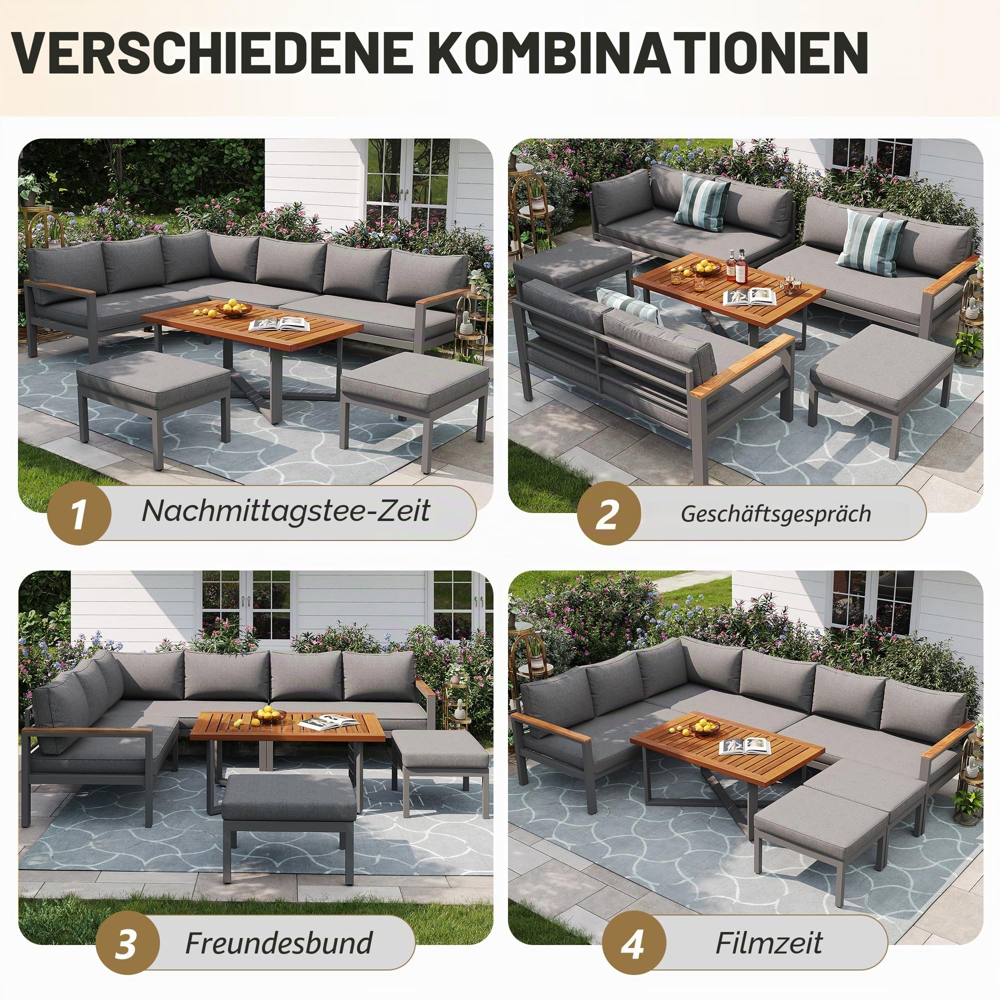 Gartenlounge-Set für 7-8 Personen, Gartenmöbel, Gartenmöbel Set für Garten, Balkon, Terrasse, wetterfest Sitzgruppe Essgruppe, Moderne Gartengarnitur,Gartenmöbelset mit Gestell aus verzinktem Eisen