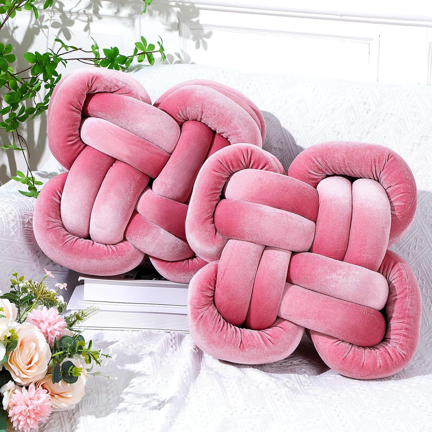 Sintuff 2 Pcs Knot Pillow Soft Decorative Knotted Throw Pillow for Couch Home Sofa Bedroom Decor to Add Comfort and Style(Pink,14 x 14 Inch)