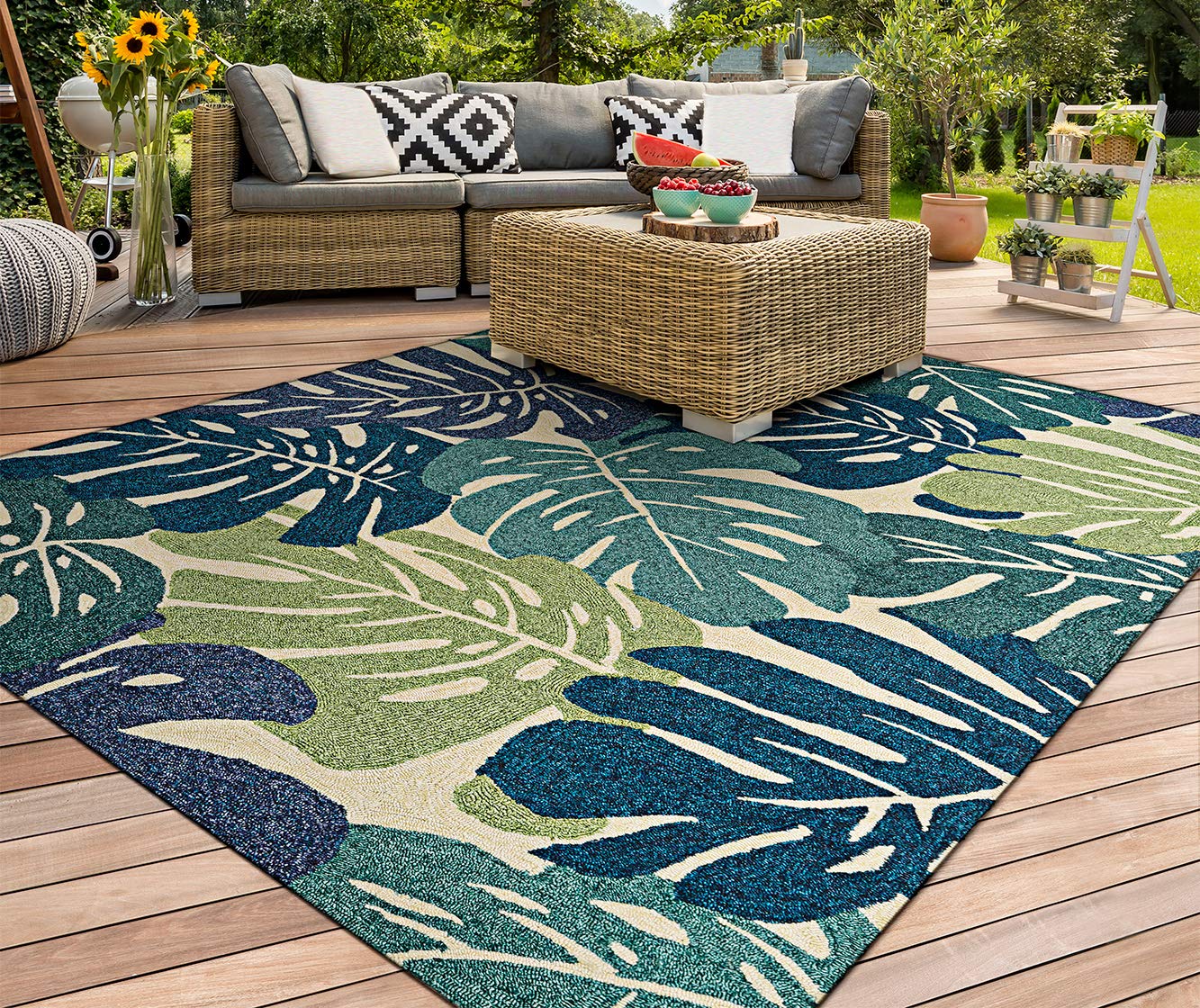CouristanCovington Monstera Indoor/Outdoor Area Rug, 2' x 4', Cream-Multicolor Blue