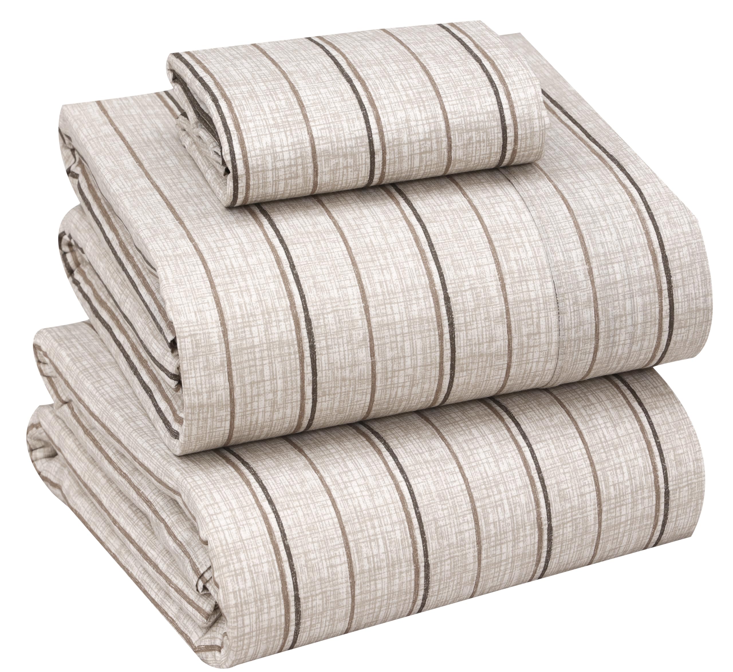Ruvanti 100% Cotton Sheets - Crispy Cooling Percale Twin Sheet Set, 16 Inch Deep Pocket, Brown Striped, 3 Pieces — image 1