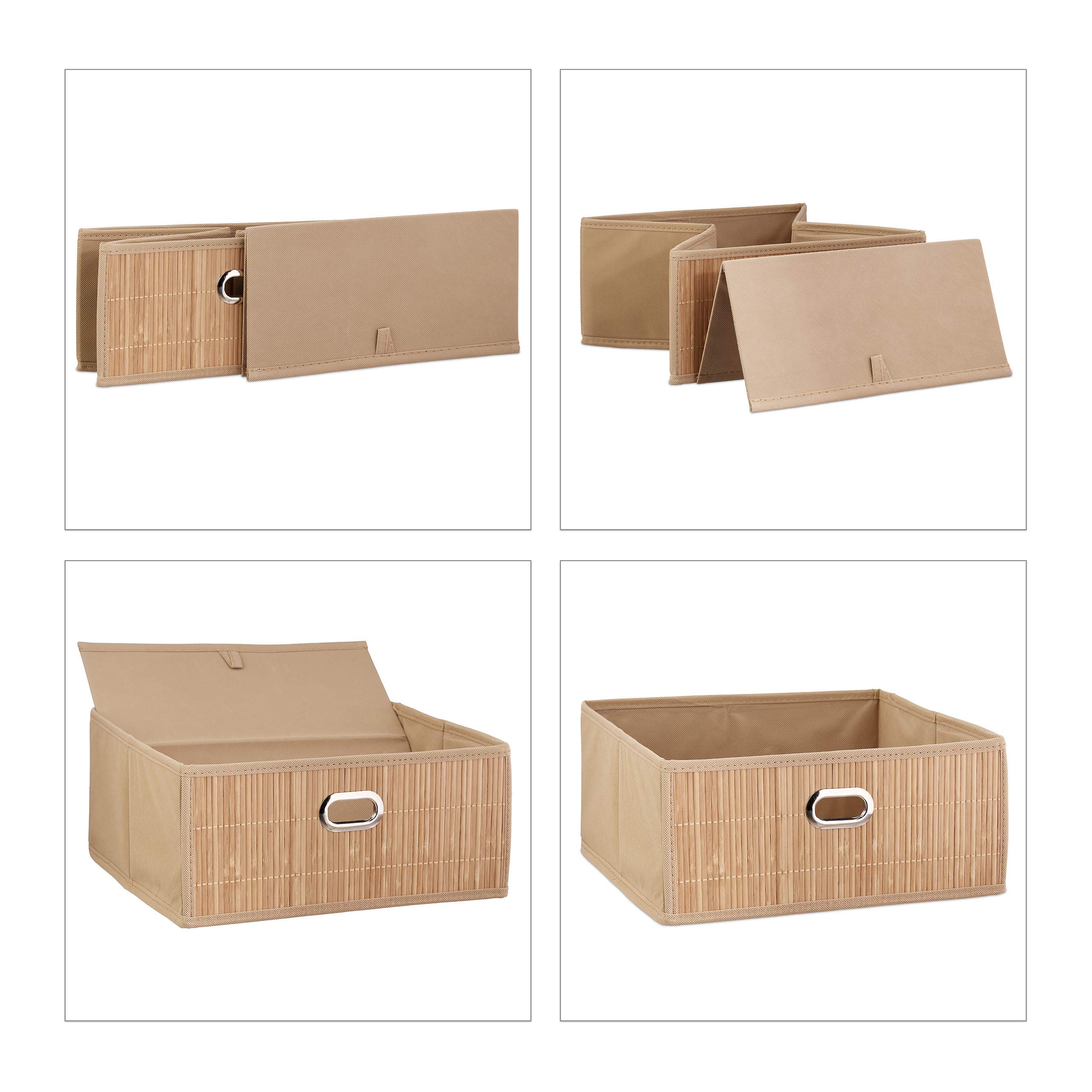 10 x Aufbewahrungskorb Bambus, Badkörbchen quadratisch, Stoff Regalkorb flach, H x B x T 14 x 31 x 31 cm, faltbar, natur