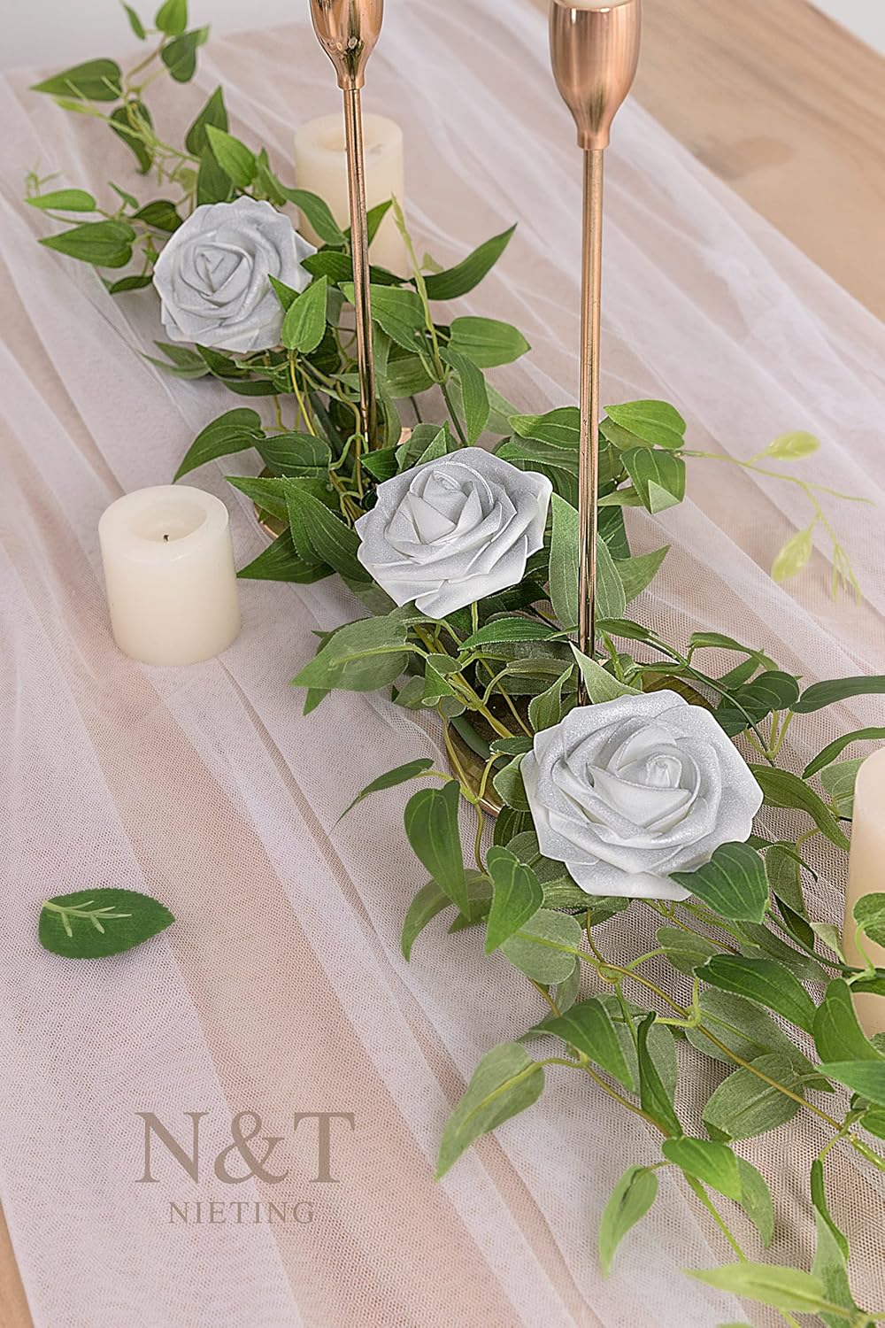 N&T NIETING Artificial Flowers, 25pcs Fake Flowers Roses with Stem for DIY Wedding Bouquets Centerpieces Bridal Shower Party Home Decoration, Silver White - Image 9
