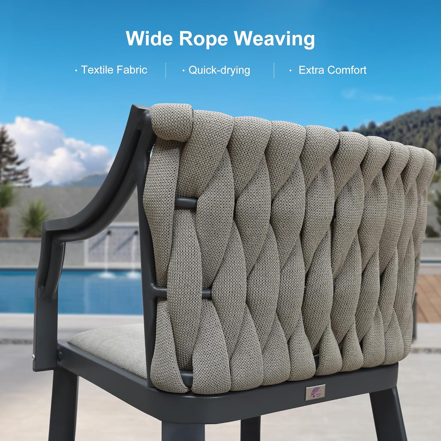 PURPLE LEAF Counter Height Bar Stool Wide Rope Weaving Bar Stools, Grey