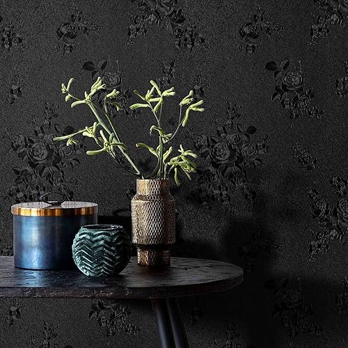 Miniatura 3 de lenify Papel tapiz de flores negras para pegar y despegar de 17.7 x 118.1 pulgadas, papel de contacto con estampado floral en relieve, papel de