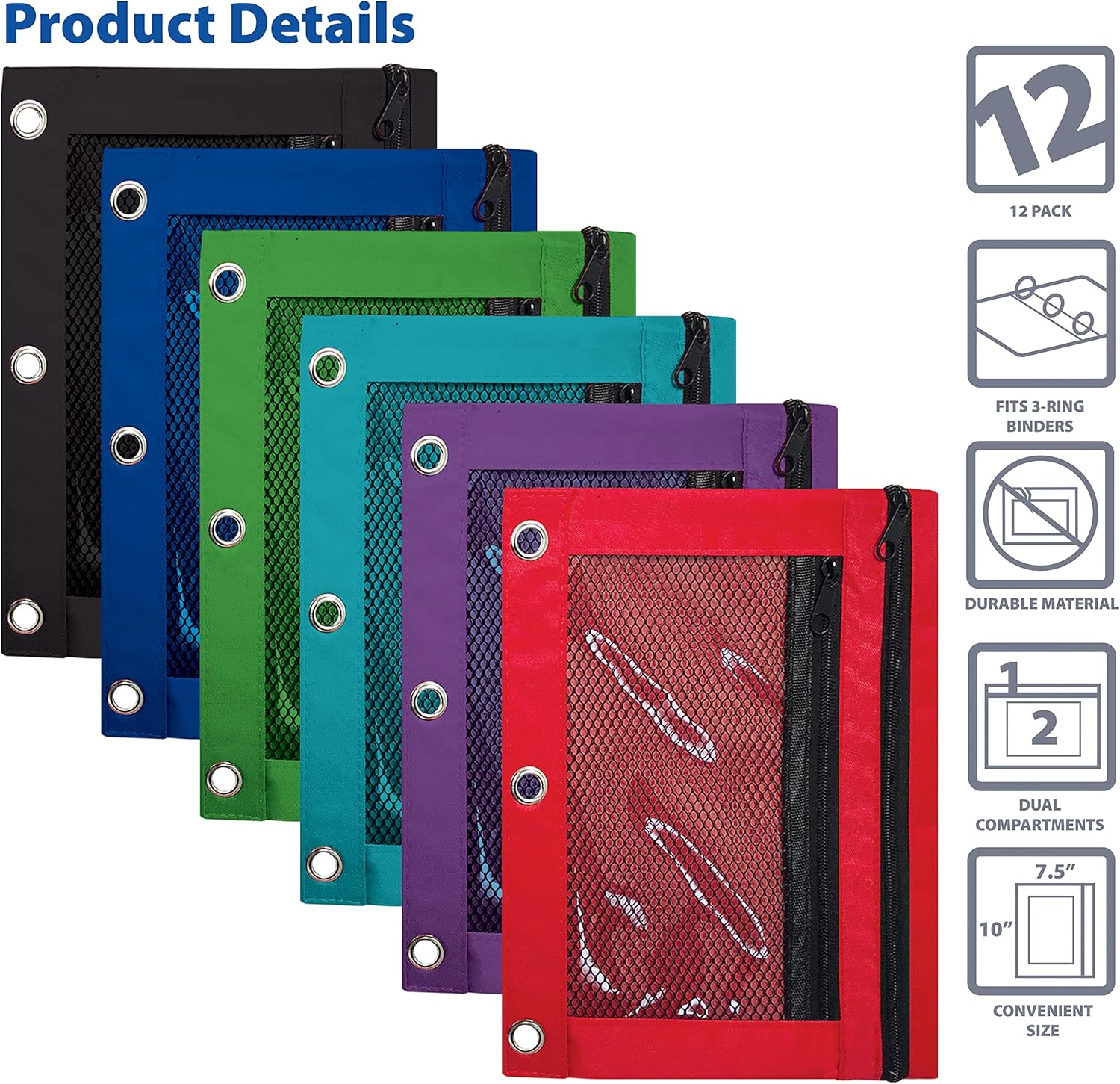 3 Ring Pencil Pouch, 12 Pack, with Mesh Window, 2 Compartments, Assorted Colors
