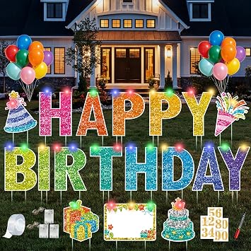 18 Pcs Happy Birthday Yard Sign with 49.2 ft Led Light, Large Rainbow Happy Birthday Yard Sign with Stakes, Weatherproof Personalized Birthday Yard Signs, Outdoor Lawn Garden Party Decorations