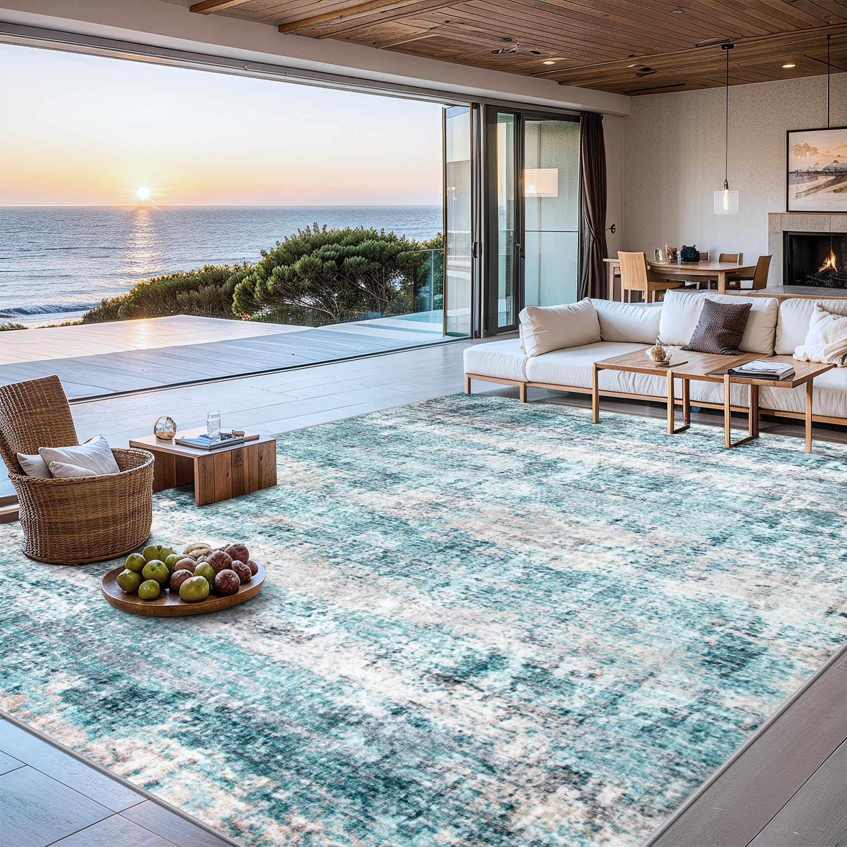 Area Rugs Living Room Rug - 5x7 Washable Modern Abstract Soft Neutral Non-Slip Carpet Large Indoor Floor Thin Carpets for Bedroom Dining Room Farmhouse Nursery Home Office Green