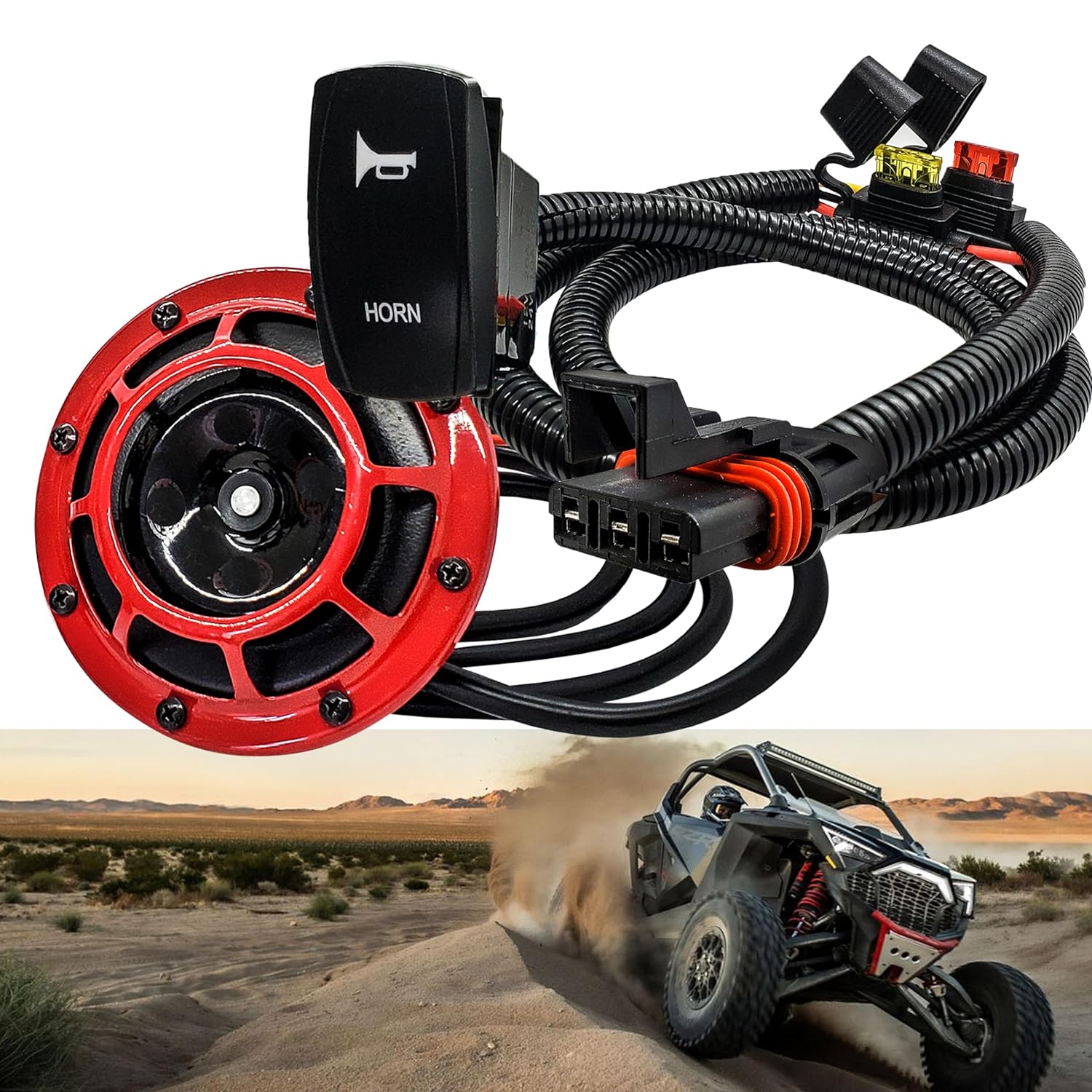 OZ-USA 5" Red Disc Horn with Power Bus Bar Plug Wiring Harness Kit Compatible with Polaris Pulse Power Bus Bar RZR Pro Ranger General Crew XP 2018-2025