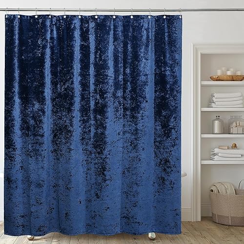 Miniatura 4 de TAMGHO Cortina de ducha de terciopelo aplastado, juego de cortina de ducha azul marino con 12 ganchos de níquel pulido, lavable a máquina, cortina
