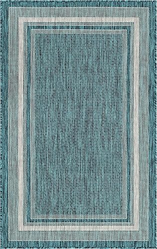 Vista 453 de Unique Loom - Colección Outdoor Border - Tapete para exteriores de borde suave - 5 pies 3 pulgadas x 8 pies, rectangular, azul/marfil azu/marfil