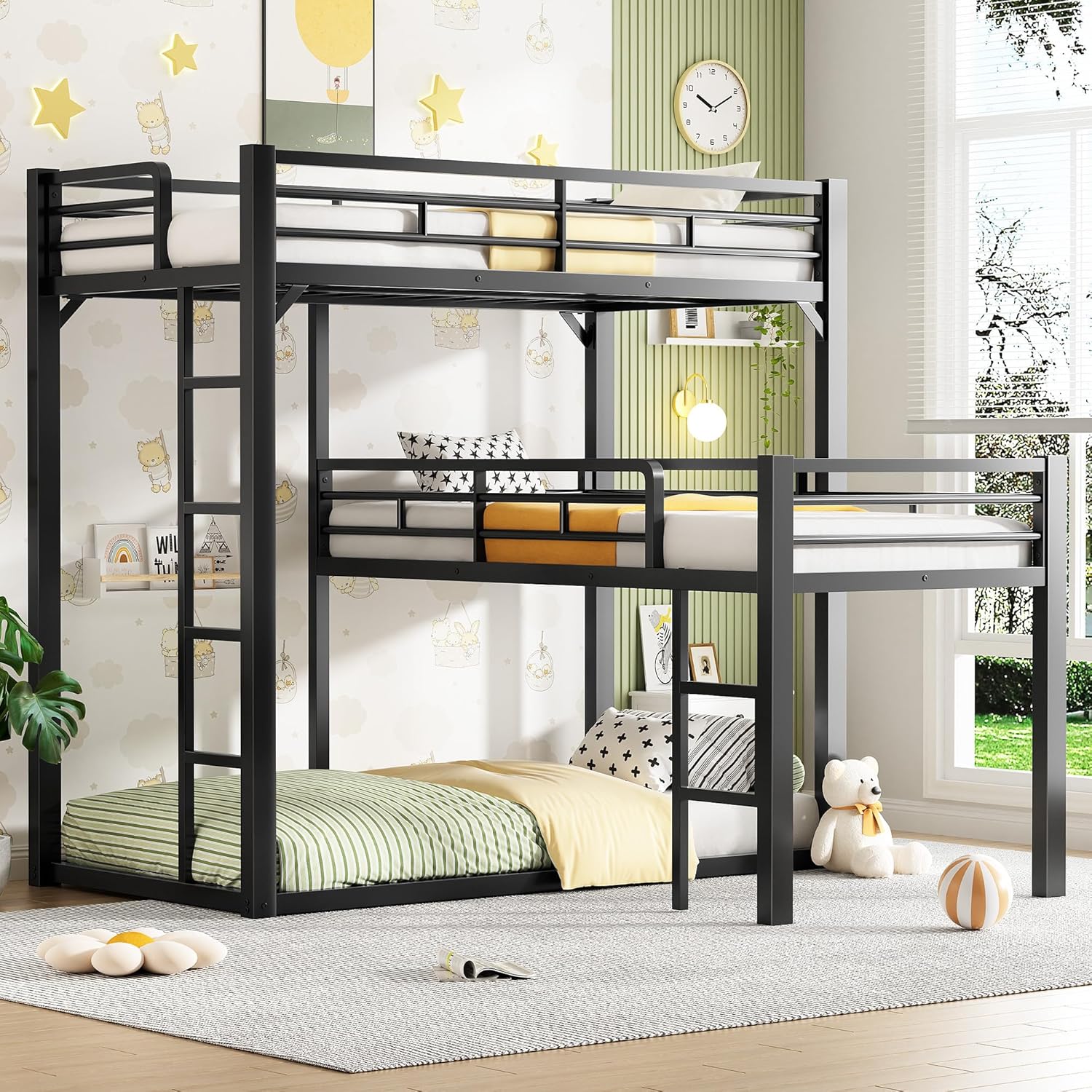 Heavy Duty L-Shaped Triple Bunk Bed for Kids Bedroom,Twin Over Twin Over Twin Metal Bunkbeds with Ladder & Safety Guardrail,Easy Assembly Metal Bed Frame, Black