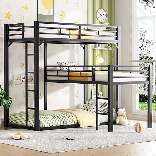 Heavy Duty L-Shaped Triple Bunk Bed for Kids Bedroom,Twin Over Twin Over Twin Metal Bunkbeds with Ladder & Safety Guardrail,Easy Assembly Metal Bed Frame, Black