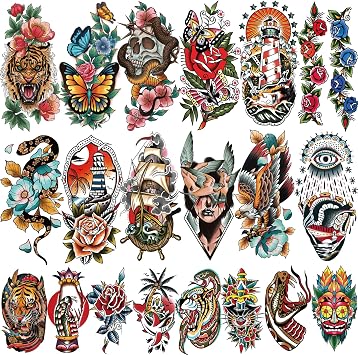 77 Sheets American Traditional Temporary Tattoos Adult Men Women Flower Rose Butterfly Tiger Snake Old School Style Temp Tattoos for Adults, Realistic Half Sleeve Fake Tattoos Stickers for Adult Kid