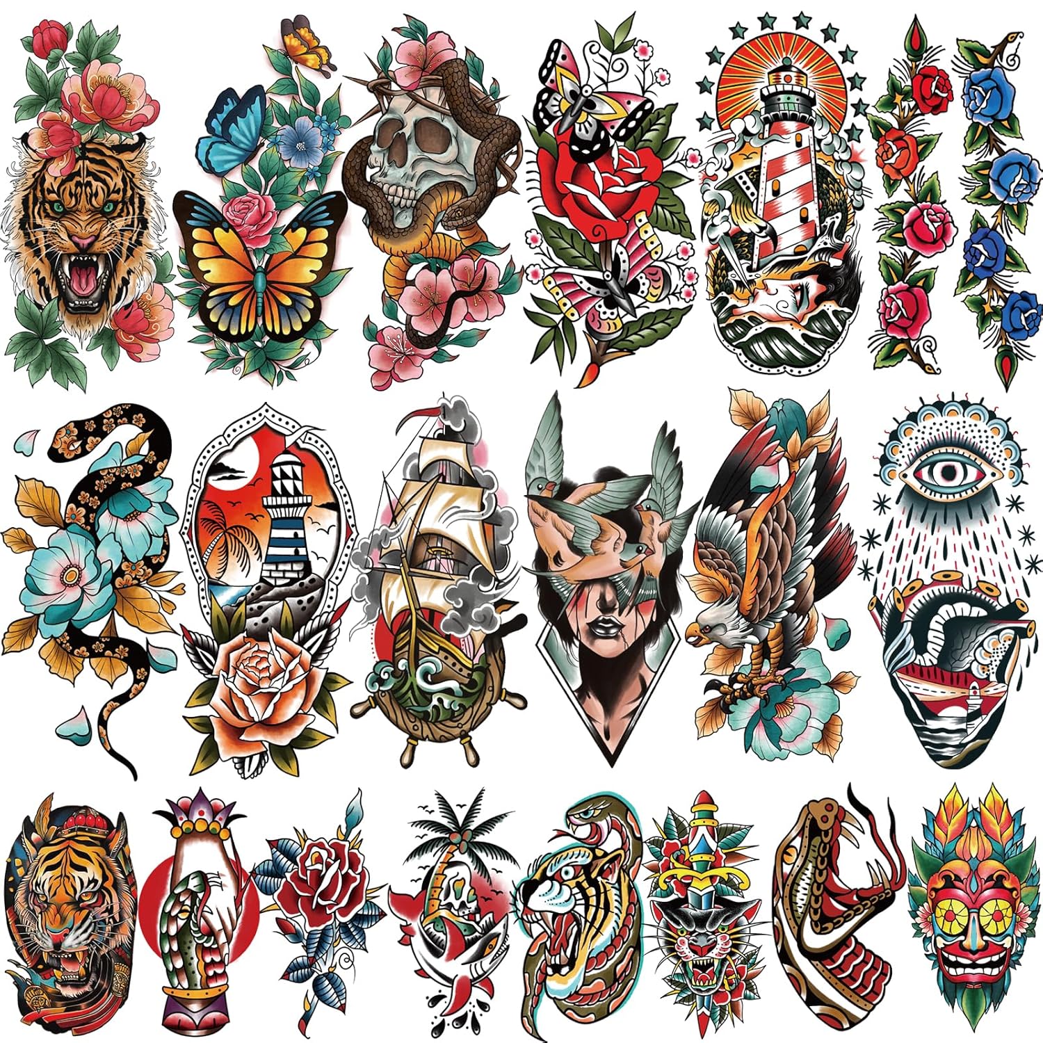 Amazon.com : 77 Sheets American Traditional Temporary Tattoos Adult ...