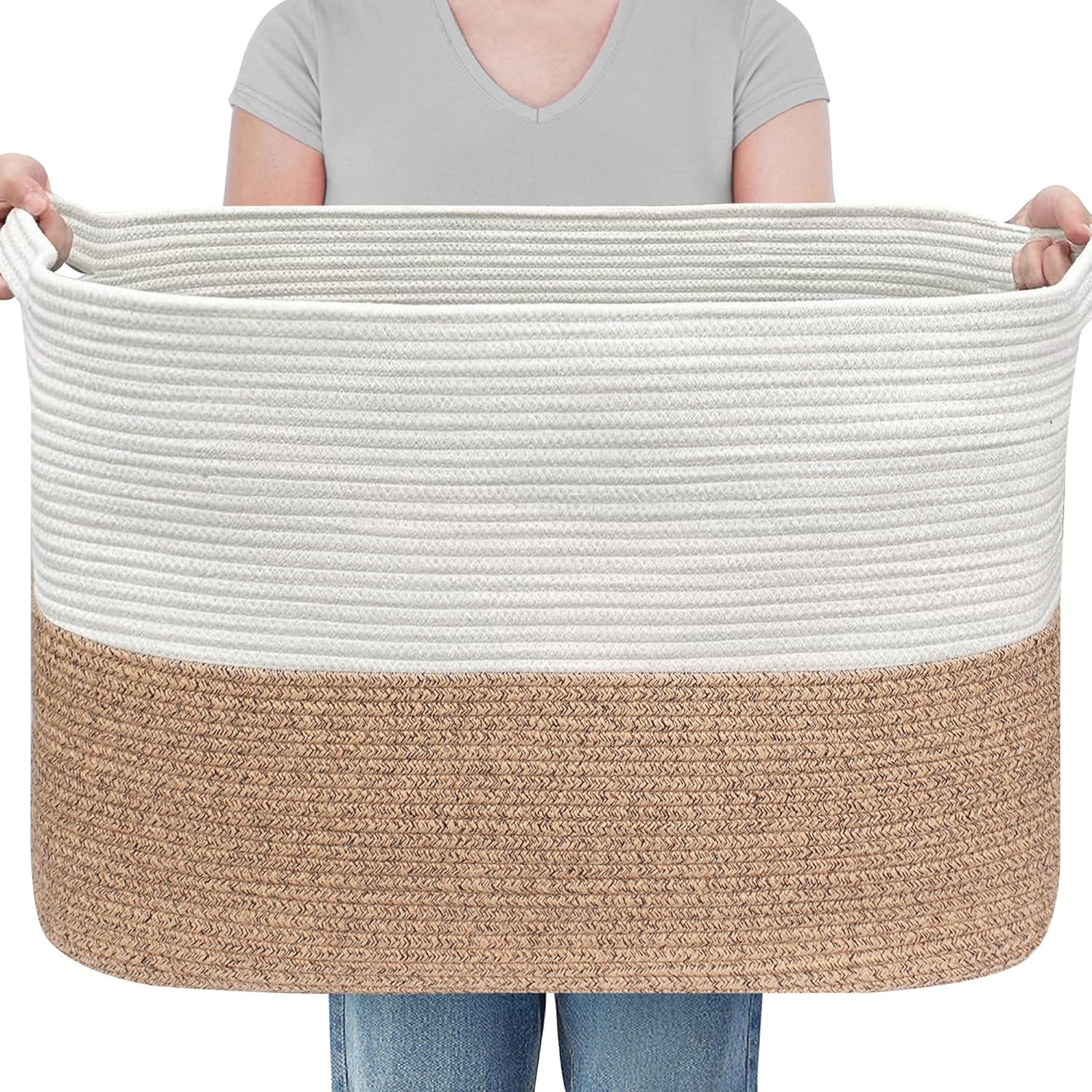 MEGASKET 108L Super Large Blanket Basket, 25" x 16" x 16" Woven Jumbo Basket for Blankets, Toys, Laundry, Extra Large Cotton Rope Pillow Holder Organizer, Entryway Shoes Bin, Living Room Storage