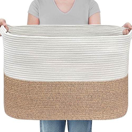 Miniatura 14 de Caja de juguetes extragrande, 23.6" x 15.7" x 14.1" cesta rectangular para mantas para sala de estar, cestas de cuerda de algodón tejida para Rayas