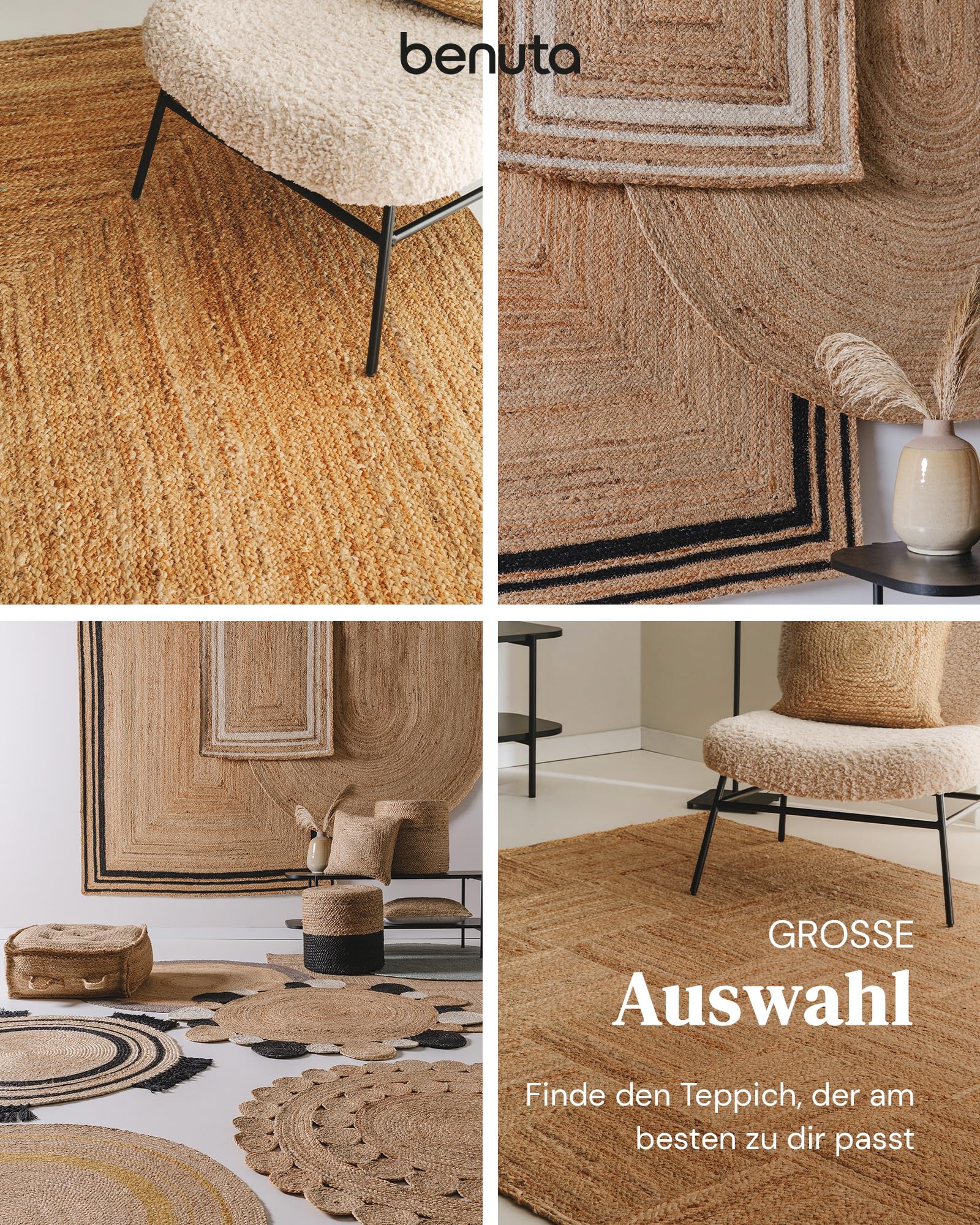 benuta Pure Jute Teppich Jutta - Natur 200x300cm - Weiße Bordüre - Handgewebter Wohnzimmerteppich - Natürliches Boho Design - Für Fußbodenheizung geeignet