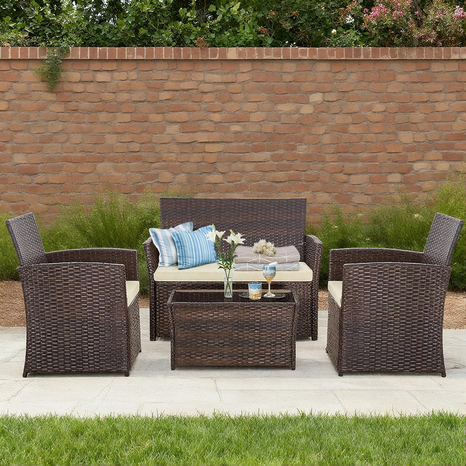 4 Piece Patio Furniture Set, Outdoor Wicker Conversation Set, Rattan Sectional Sofa Couch with Glass Coffee Table & Thick Cushion for Backyard, Porch, Garden, Poolside, Brown/Beige