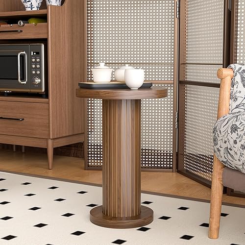 Miniatura 3 de Mesa auxiliar redonda pequeña con pedestal, mesa auxiliar de madera para sala de estar, mesa de bebidas acanalada para espacio pequeño, mesa de