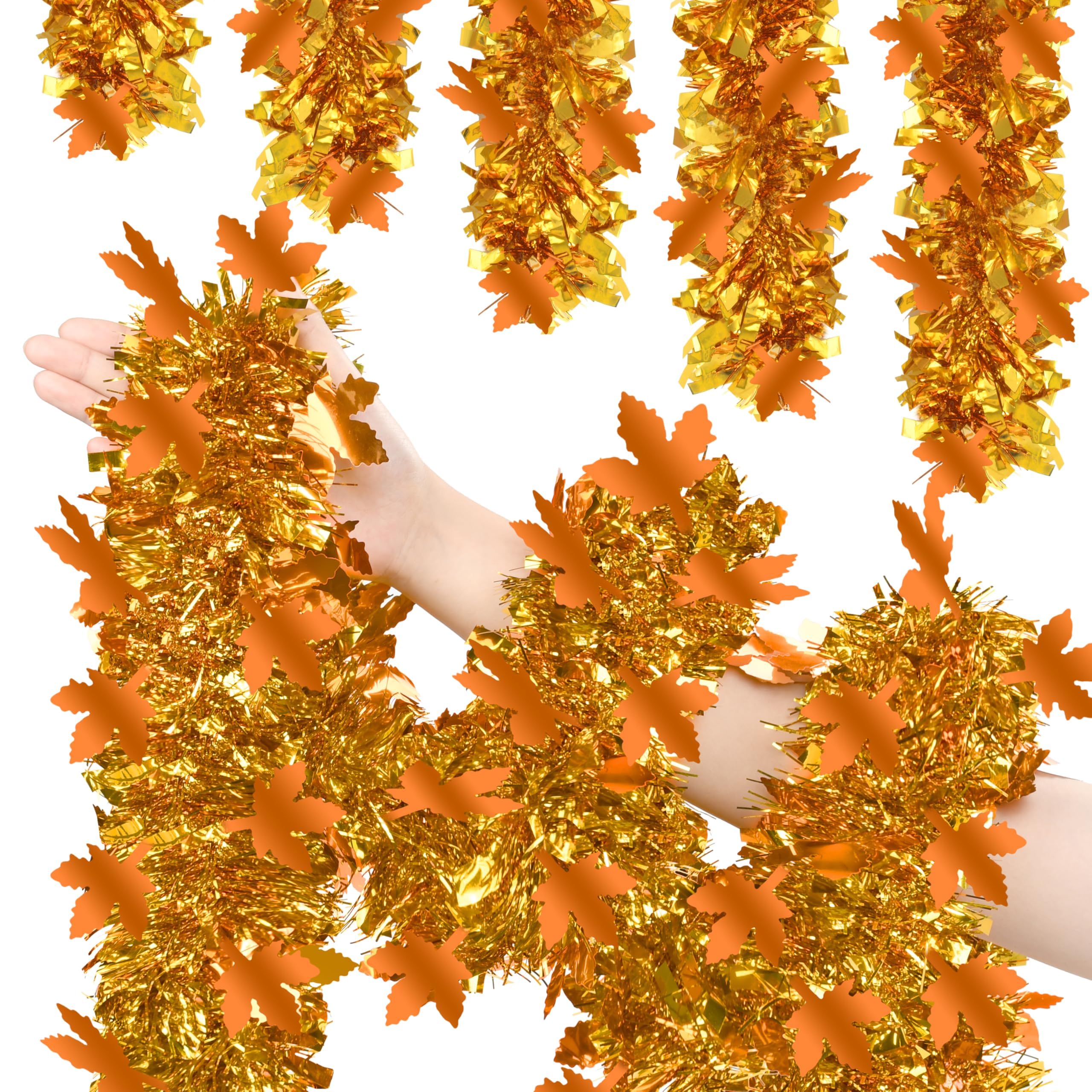50FT Thanksgiving Tinsel Garland, Tinsel Garland Hanging Streamers Maple Leaf Metallic Holiday Tinsel Fall Hanging Oranment for Autumn Thanksgiving Day Halloween Party Decoration
