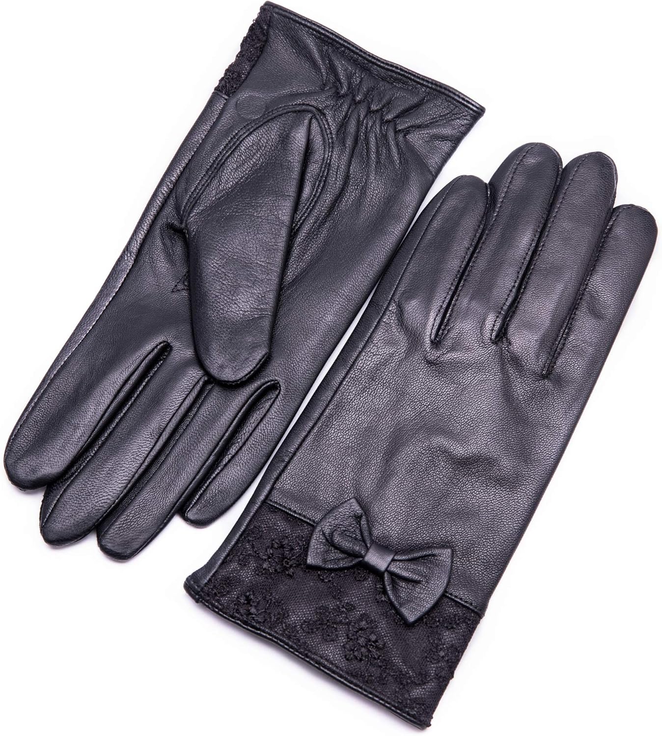 YISEVEN Women's Sheepskin Winter Driving Genuine Leather Gloves Lace Bow - Image 2