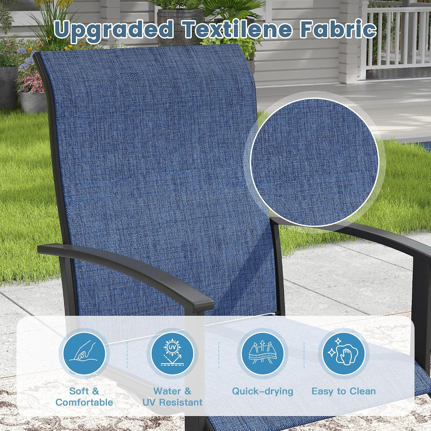 DIFY 9 Pieces Outdoor Dining Set for 8, 60" Black Round Metal Table with Umbrella Hole and Blue Textilene Swivel Patio Chairs, Patio Table and Chairs Set for Garden, Backyard, Poolside