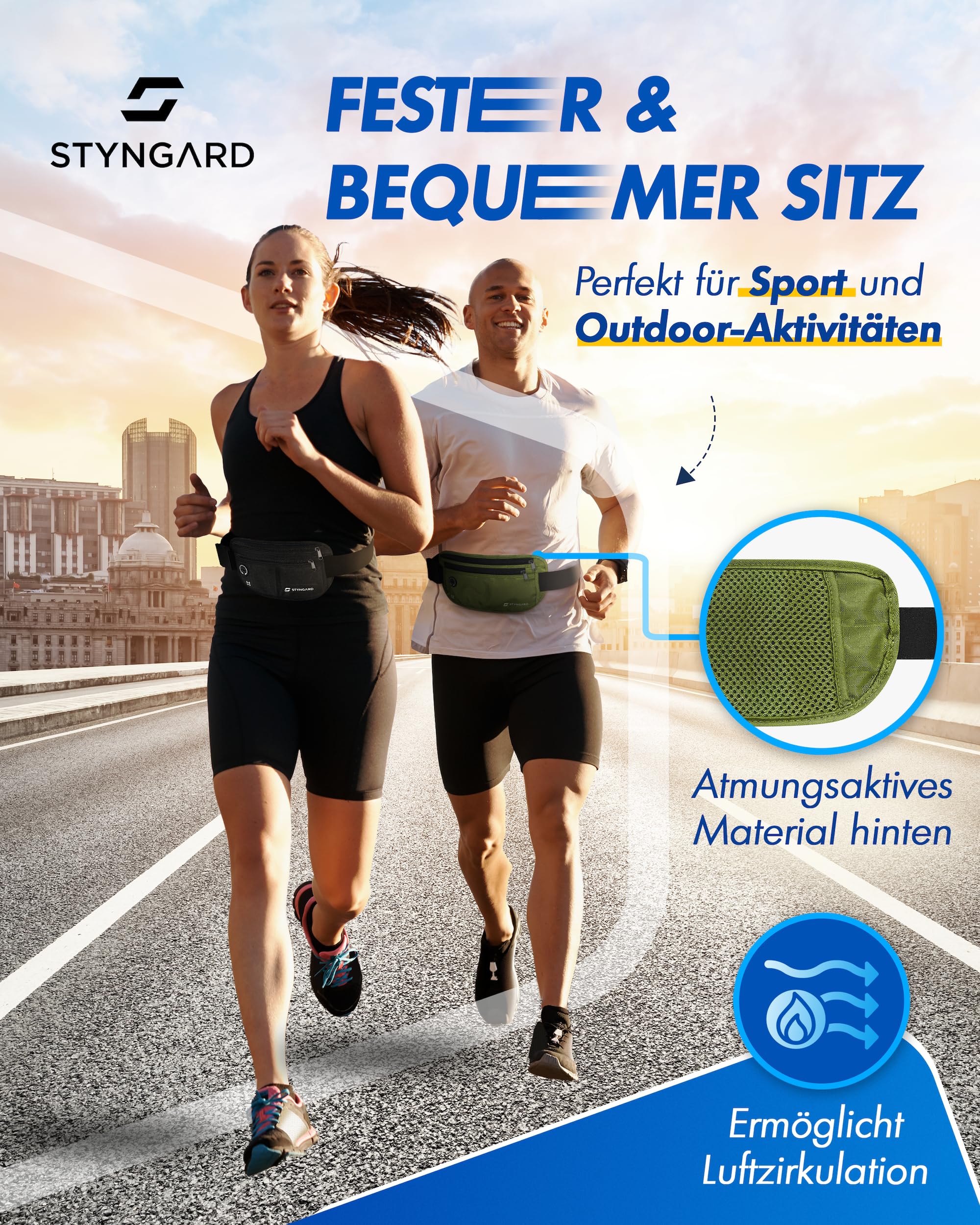 Flache Bauchtasche diebstahlsicher RFID Schutz - Geldgürtel zum Umhängen - Reise Bauchtasche mit Diebstahlschutz - Brustbeutel Damen und Herren Sport - STYNGARD - Modell Madrid