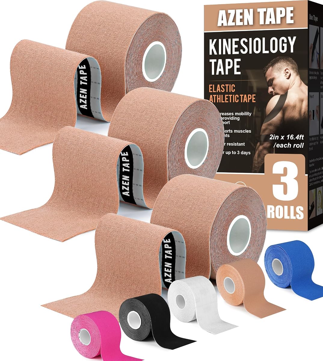 3 Rolls Kinesiology Tape, 16.4 ft Waterproof Kinetic Tape for Joints Support and Muscle Pain Relief, Knee Tape, Athletic Tape, Uncut Muscle Tape - Skin