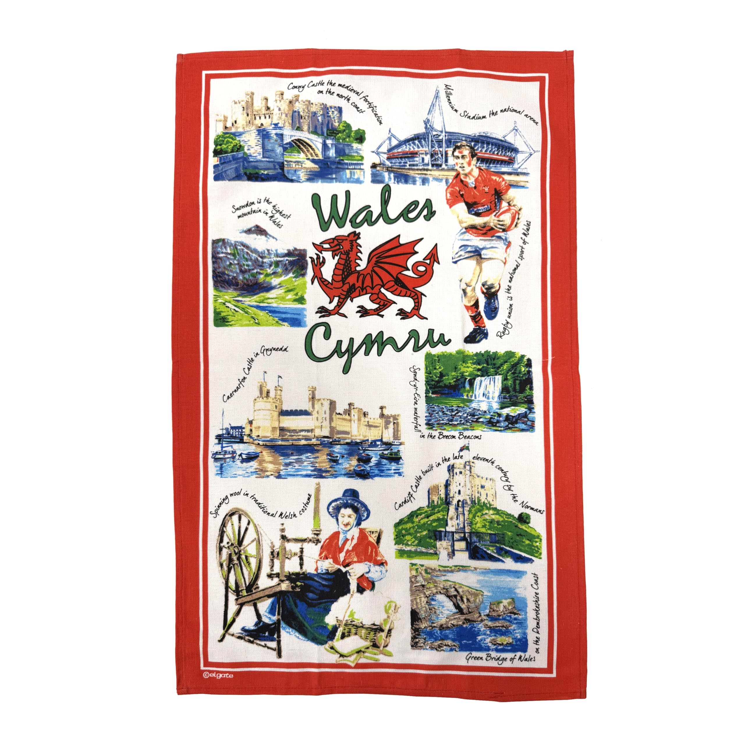 Elgate Red Wales Tea Towel Souvenir Gift Welsh Dragon Cymru Scenes Collage Landmarks