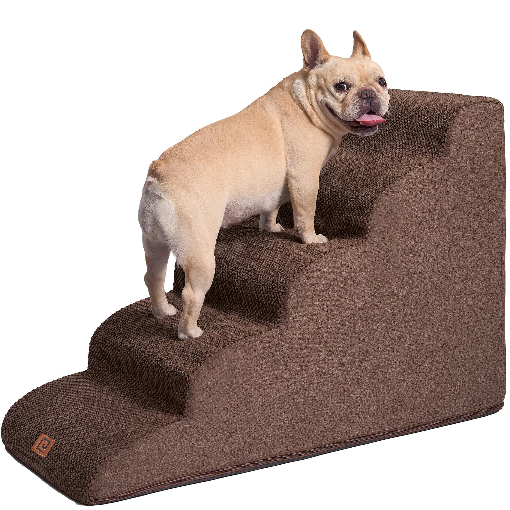 EHEYCIGA Curved Dog Stairs for High Beds, 5-Step Dog Steps for Small Dogs and Cats, Pet Stairs for High Bed Climbing, Non-Slip Balanced Pet Step Indoor, Brown
