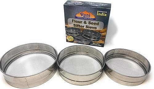 Tamiz de acero inoxidable ~ Juego de 3 ~ para harinas, semillas, frijoles y lentejas – Tamaños 6.7", 7.5", 8.25" por Rani Brand